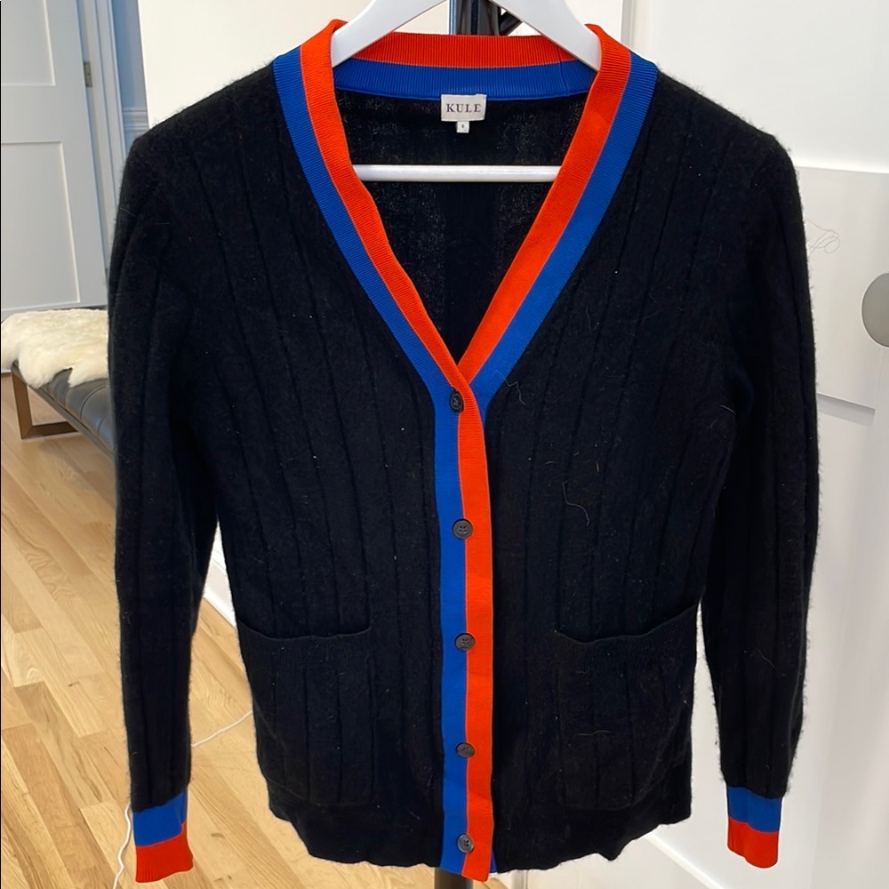 Black Sweater with Red and Blue Accents